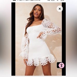 White Lace Sleeve Shirred Bodycon Dress